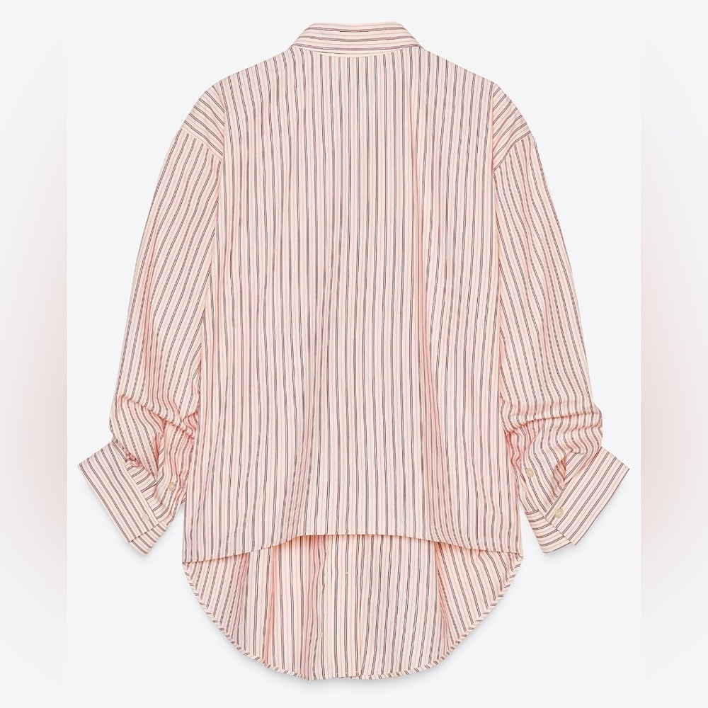 Zara Pink & Red Striped Cotton Button-Up Blouse | L | Shorter in Back | NWT - Picture 3 of 11